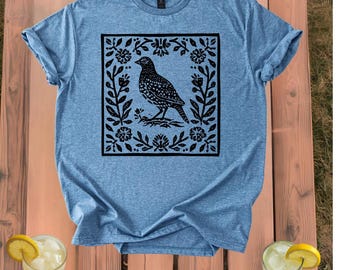 Folk Art Quail T-Shirt Boho Rustic Bird Tee Gift for him or Her