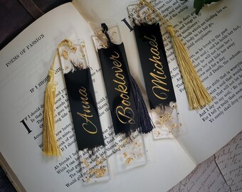 Personalisiertes Lesezeichen Wunschtext Schwarz mit Blattgold | handmade