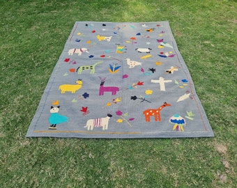 Embroidered rug, pictorial rug, hooked rug, animal and plant rug, wool rug, flatweave rug, 5x8 area rug, 6x9 embroidered rug, 5x7 rug, 6x6
