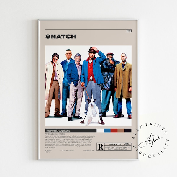 Snatch Poster, Jason Statham, Brad Pitt, Minimalist Movie Poster, Vintage Retro Art Print, Wall Art Print, Mid century modern, Home Decor