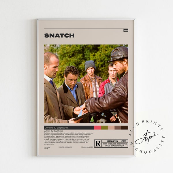 Snatch Poster, Jason Statham, Brad Pitt, Minimalist Movie Poster, Vintage Retro Art Print, Wall Art Print, Mid century modern, Home Decor