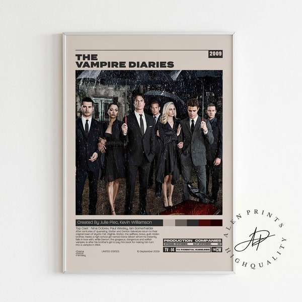 The Vampire Diaries, Julie Plec, Serie TV minimalista, Stampa d'arte retrò vintage, Stampa artistica da parete, Moderno di metà secolo, Poster della serie TV