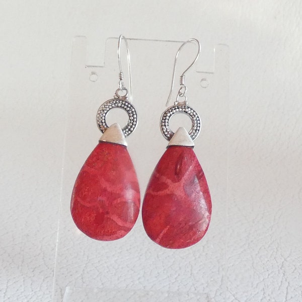 Sterling Silver Ornate Red Marble Resin Drop Earrings