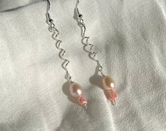 Handmade pink pearl spiral upcycled earrings | unique one of a kind shop small jewellery | quirky cute gift christmas present for him her