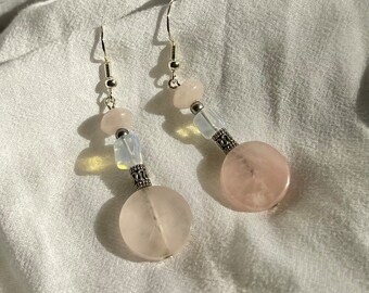Rose quartz opalite gemstone handmade earrings | unique one of a kind shop small jewellery, quirky cute gift christmas present for him her