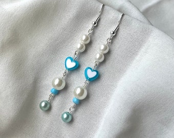 Handmade blue faux pearl heart earrings | unique one of a kind shop small jewellery | quirky cute gift christmas present for him her