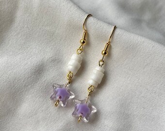 Purple star shell bead handmade earrings | unique one of a kind shop small jewellery | quirky cute gift christmas present for him her