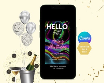 Hello forty multicoloured birthday invite, mobile invite,  electronic birthday invite,  editable birthday invite,  digital party invite