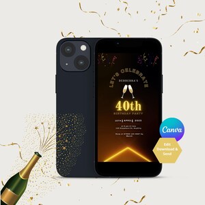 Black and gold 40th digital birthday invitation, 40th birthday electronic invite, digital birthday invitation, any birthday digital invite