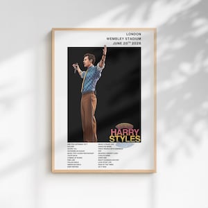 May include: A rectangular poster featuring a digital illustration of a performer in a blue patterned shirt and brown trousers holding a microphone. Text includes LONDON WEMBLEY STADIUM JUNE 20TH 2026, HARRY STYLES, and a list of song titles in black.