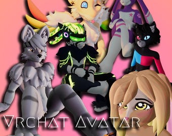 May include: A collection of colorful 3D avatars with different animal features. The text "VRCHAT AVATAR COMMISSIONS" is at the bottom of the image.