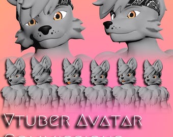 May include: A gray wolf-like character with a black bandana and different facial expressions. The text "VTUBER AVATAR COMMISSIONS" is at the bottom of the image.