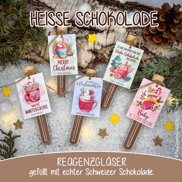 Reagenzglas mit Kakaopulver aus echter Schweizer Schokolade, Weihnachtsgeschenk, Wichtelgeschenk, kleine Aufmerksamkeit, Heiße Schokolade