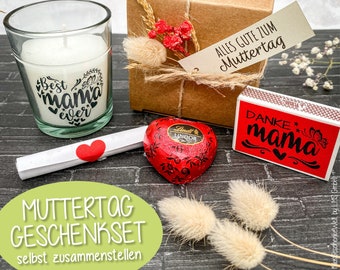 Muttertag Geschenk - Kerze mit Schriftzug, Schokolade, Brief und Streichhölzer