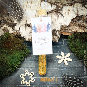 May include: A glass tube filled with yellow and orange spices, topped with a cork and a tag that reads "Sch&ouml;ne Oster Zeit". The tag features watercolor Easter eggs and blue foliage. Decorative wooden flowers and feathers are also present.