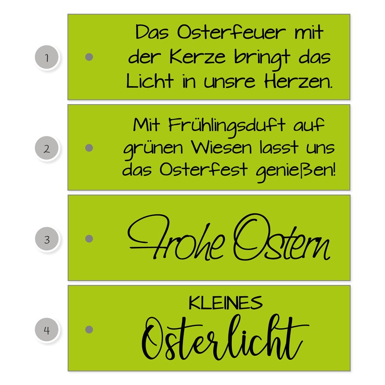 May include: Four green rectangular cards with white numbers and black dots. Each card has a different Easter-themed message in black script. The messages are: "Das Osterfeuer mit der Kerze bringt das Licht in unsre Herzen.", "Mit Fr&uuml;hlingsduft auf gr&uuml;nen Wiesen lasst uns das Osterfest genie&szlig;en!", "Frohe Ostern", and "KLEINES Osterlicht".