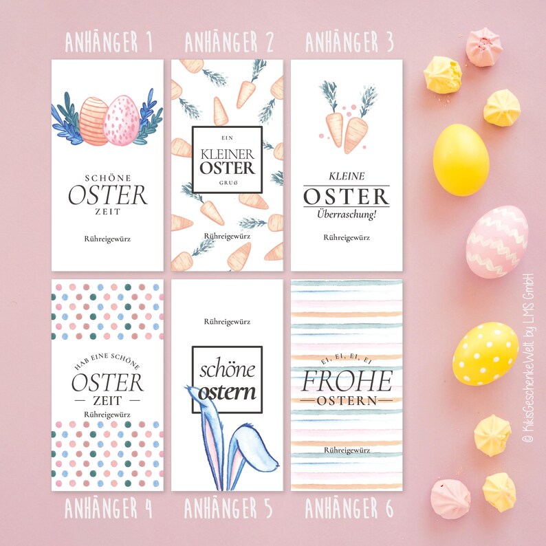 May include: A collection of six Easter-themed gift tags with various designs, including eggs, carrots, and bunny ears. Each tag features German text, such as "Sch&ouml;ne Ostern" and "Frohe Ostern." The image also includes decorated eggs and meringues.
