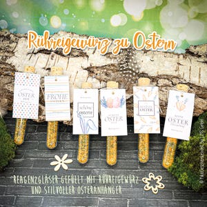 May include: Six glass tubes filled with spices, each sealed with a cork and adorned with a decorative tag. The tags feature Easter-themed designs and text. The tubes are arranged on a dark surface with a wooden background, perfect for Easter gifts.