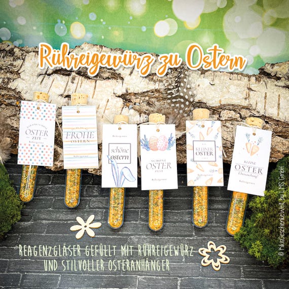Rühreigewürz Ostergeschenk, Mitbringsel, Ostern-Mitbringsel, Gastgeschenk - Reagenzgläser gefüllt mit Gewürz und stilvoller Osteranhänger