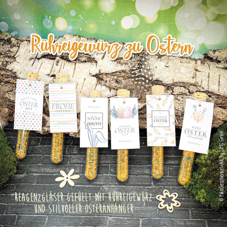 May include: Six glass tubes filled with spices, each sealed with a cork and adorned with a decorative tag. The tags feature Easter-themed designs and text. The tubes are arranged on a dark surface with a wooden background, perfect for Easter gifts.