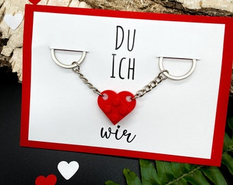 Herz Schlüsselanhänger, 2-teilig, Valentinstag, Geschenk, Freundschaft, Lego