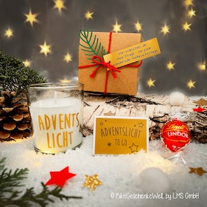 Adventslicht to go - Kerze mit Schriftzug - Weihnachtsgeschenk, Mitbringsel, Weihnachten, Wichtelgeschenk, Adventsfeuer, Weihnachtsdeko