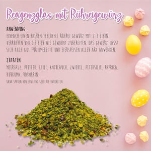 May include: A close-up of a pile of green spice mix with text in German. The text includes instructions and ingredients such as sea salt, pepper, and chili. Decorated with yellow and pastel Easter eggs and meringues on a pink background.