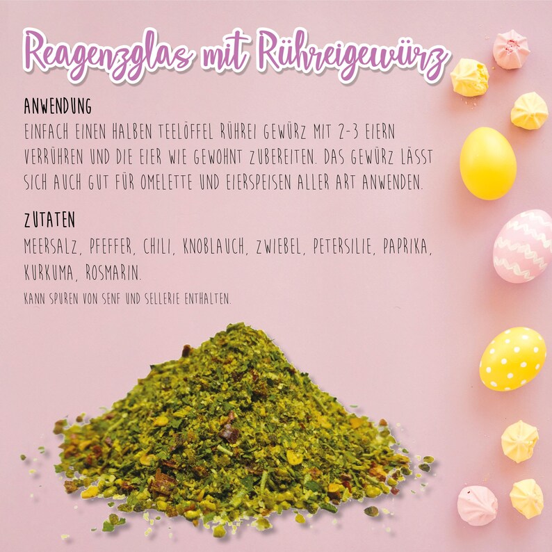 May include: A close-up of a pile of green spice mix with text in German. The text includes instructions and ingredients such as sea salt, pepper, and chili. Decorated with yellow and pastel Easter eggs and meringues on a pink background.