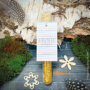 May include: A clear glass tube filled with yellow and orange spices, topped with a cork and a tag that reads "FROHE OSTERN". The tag has pastel stripes. The background includes wood bark, moss, and decorative wooden flowers.