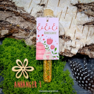 May include: A small glass vial filled with colorful spices, topped with a cork, and a decorative tag. The tag features the text "Ei. Ei. Ei. R&Uuml;HREIGEW&Uuml;RZ" with floral illustrations. The vial is set against a backdrop of green moss and birch bark.