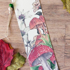 Handmade Mushroom Bookmark: Watercolor Forest Florals with Hemp Tassel