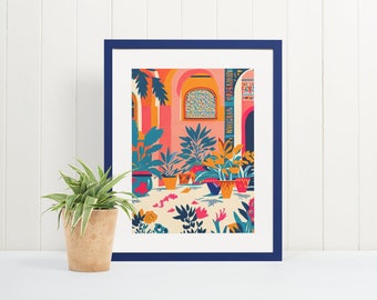 May include: A framed illustration of a colorful, stylized courtyard with potted plants, arches, and a patterned window. The artwork features a vibrant color palette of pink, orange, yellow, blue, and green.