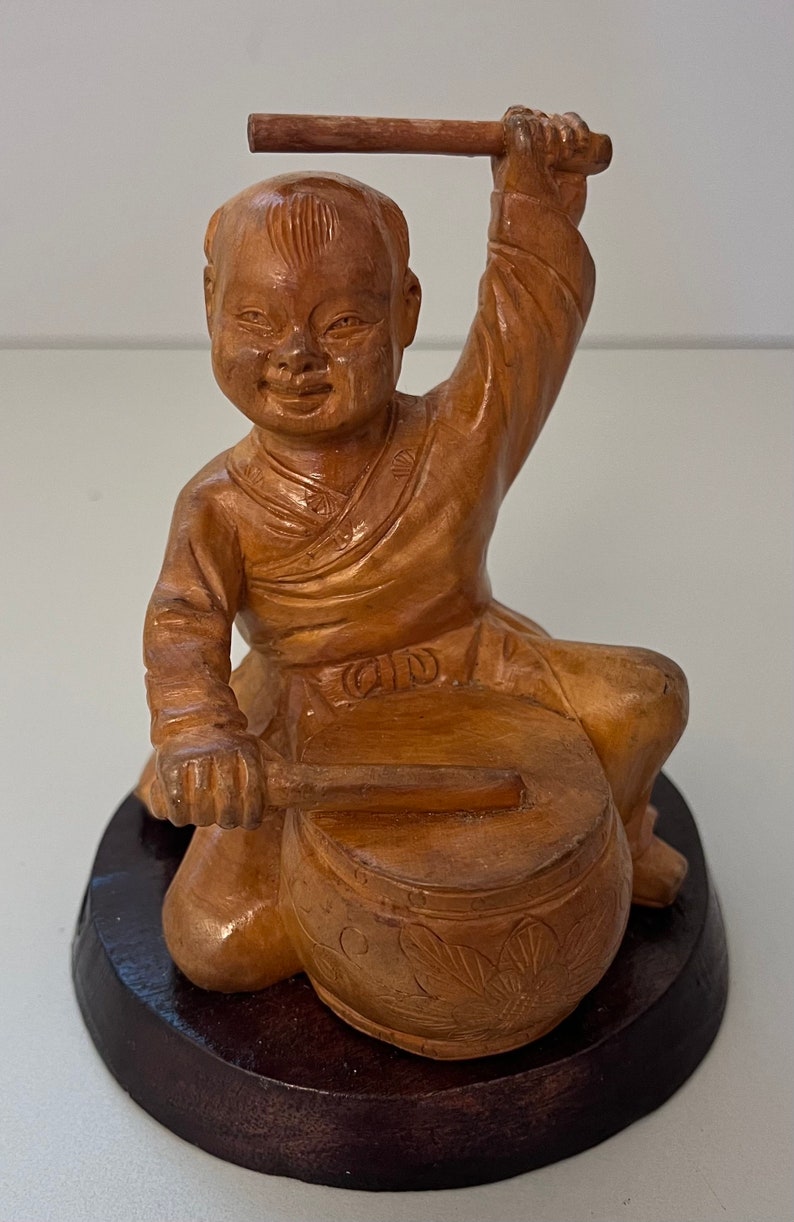 Buddhist Monk Playing the Drum Vintage Oriental Wooden Etsy