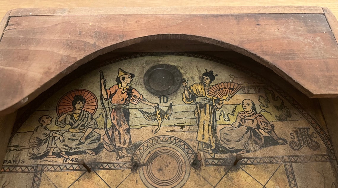Oude bagatelle, eind 19e/begin 20e eeuws Frans houten speelgoed vergelijkbaar met een flipperkast, originele patina afbeelding 2
