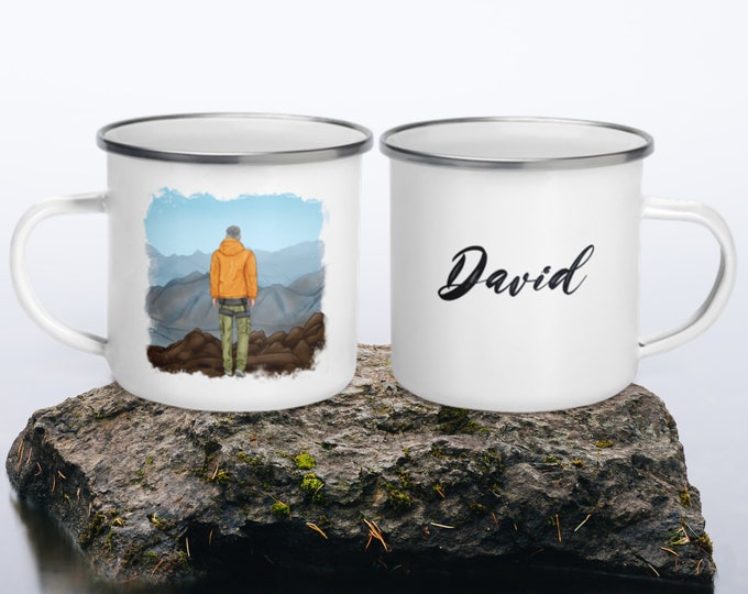 Personalized Mug - Rocky Mountains - Climber Boy - Enamel Mug - Climbing Gifts for Men - Climbing Lover Gift Idea - Climbing Mug for Him