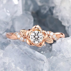 Dainty Round Moissanite and Diamond Engagement Ring, Rose Gold Nature Inspired Floral Wedding Ring, Twig Leaf Promise Ring Anniversary Gift