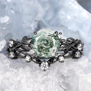 Nature Inspired Moss Agate Engagement Ring Rhodium Black Gold Vine Leaf Gothic Bridal Set Round Cut Green Agate Witchy Wedding Promise Ring