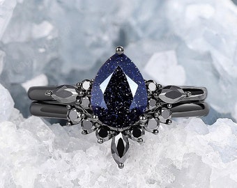 Black Gold Pear Cut Nebula Blue Sandstone Bridal Set Gothic Blue Goldstone Engagement Ring Set Vintage Black Moissanite Promise Wedding Ring