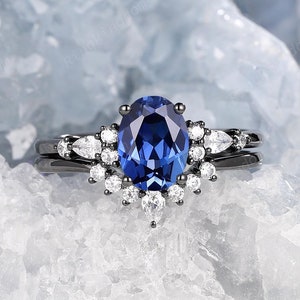 Vintage Oval Cornflower Blue Sapphire Gothic Bridal Set Rhodium Black Gold Wedding Promise Ring September Birthstone Witchy Engagement Ring