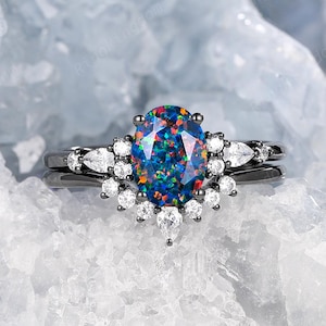 Gothic Oval Cut Faceted Black Opal Engagement Ring Rhodium Black Gold Multi Fire Opal Bridal Set October Birthstone Witchy Promise Ring Gift