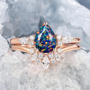 Vintage Pear Cut Facet Black Fire Opal Bridal Set 10K Rose Gold Floral Engagement Ring Set Color Changing Black Opal Promise Ring for Women