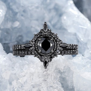Gothic Round Cut Black Moissanite Engagement Ring Set, Rhodium Black Gold Milgrain Bridal Set, Starburst Halo Black Witchy Promise Ring Gift