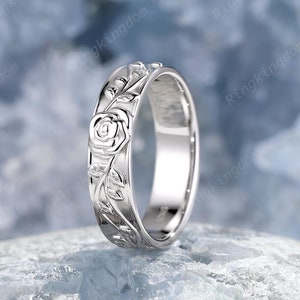 Rose Couple Promise Ring June Birth Flower Men&#39;s Wedding Band Nature Inspired Twig Leaf Engagement Band White Gold Floral Anniversary Gift