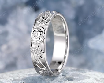 Rose Couple Promise Ring June Birth Flower Men's Wedding Band Nature Inspired Twig Leaf Engagement Band White Gold Floral Anniversary Gift
