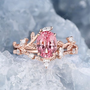 Oval Shape Pink Sapphire Engagement Ring Set, Twig Leaf Peach Sapphire Bridal Set, 14K Rose Gold Girly Pink Sapphire Promise Ring for Women