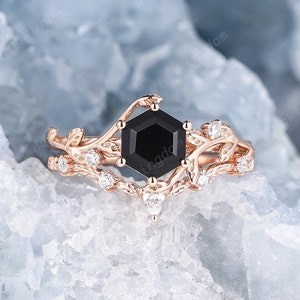 Hexagon Shape Black Onyx Bridal Set, Vintage Black Onyx 14K Rose Gold Engagement Ring Set, Nature Inspired Twig Leaf Promise Ring for Women