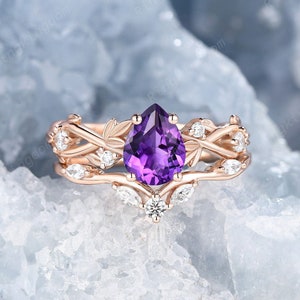 Pear Amethyst Engagement Ring Set, Nature Inspired Leaf Vine Purple Amethyst Bridal Set, Vintage February Birthstone Promise Ring for Women