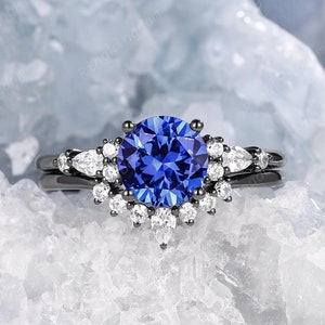 Vintage Round Blue Sapphire Engagement Ring, 14K Black Gold Gothic Cornflower Sapphire Bridal Set, September Birthstone Witchy Promise Ring