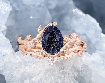 Blue Sandstone and Diamond Engagement Ring Set, Pear Cut Nebula Blue Goldstone Bridal Set, Twig Leaf Starry Sandstone Promise Ring for Women
