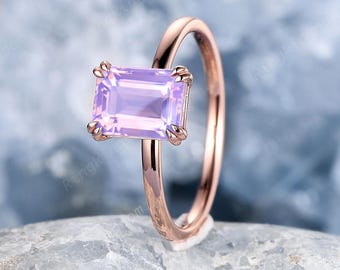 Emerald Cut Lavender Amethyst Engagement Ring, 14K Rose Gold Solitaire Plain Wedding Ring, February Birthstone Promise Ring Gift for her